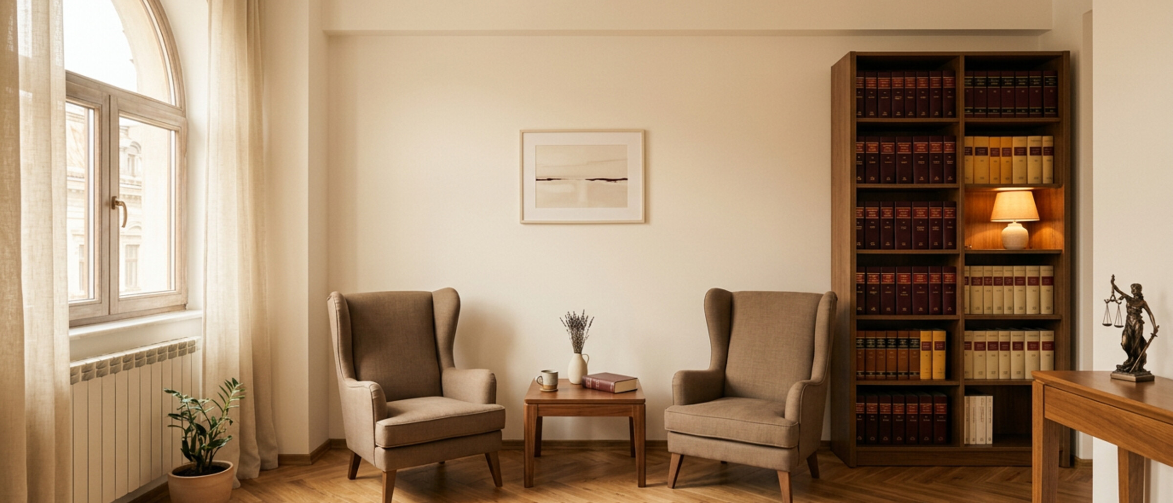 Sală de așteptare a cabinetului de avocat Stoicescu — fotoliu burgundy, bibliotecă de legi, fereastră cu vedere spre București vechi